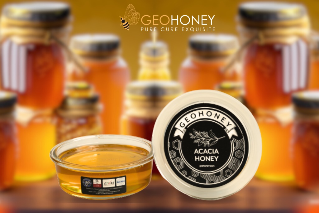 A jar of organic honey surrounded by flowers, representing its use as a natural remedy for health concerns.